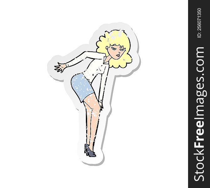 retro distressed sticker of a cartoon annoyed woman rubbing knee