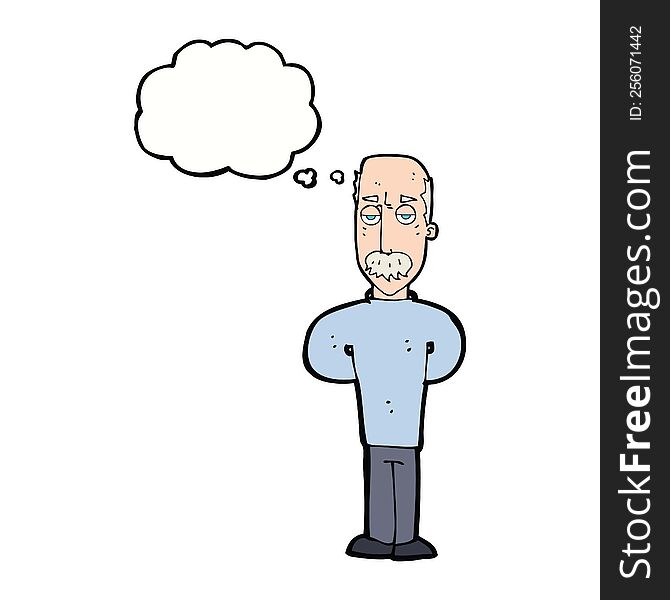 cartoon annoyed balding man with thought bubble