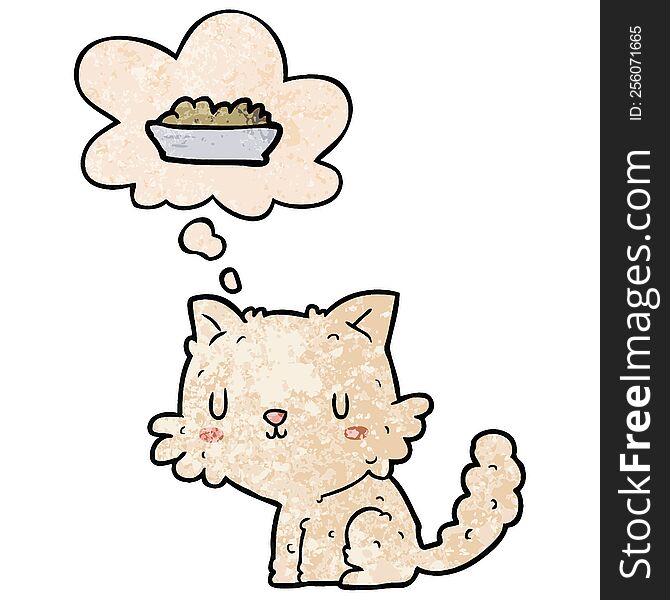 Cartoon Cat And Food And Thought Bubble In Grunge Texture Pattern Style