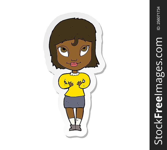 sticker of a cartoon woman gesturing at self