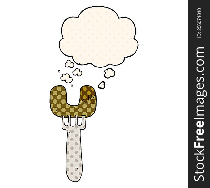 cartoon sausage on fork with thought bubble in comic book style