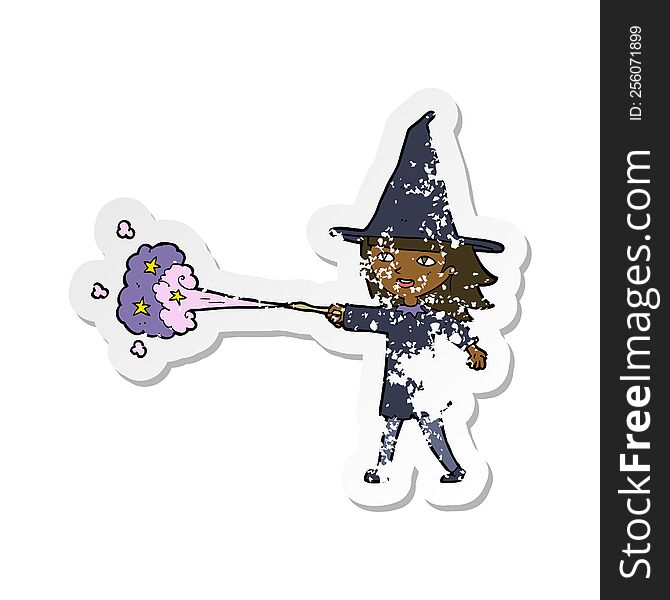 retro distressed sticker of a cartoon witch girl casting spell