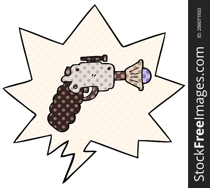 cartoon ray gun with speech bubble in comic book style