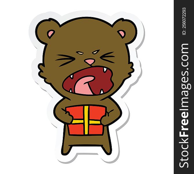 Sticker Of A Angry Cartoon Bear With Present
