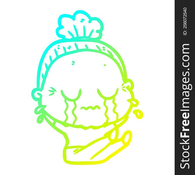 cold gradient line drawing of a cartoon crying old lady