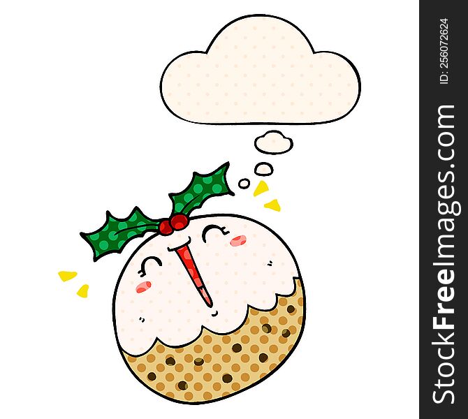 Cute Cartoon Christmas Pudding And Thought Bubble In Comic Book Style