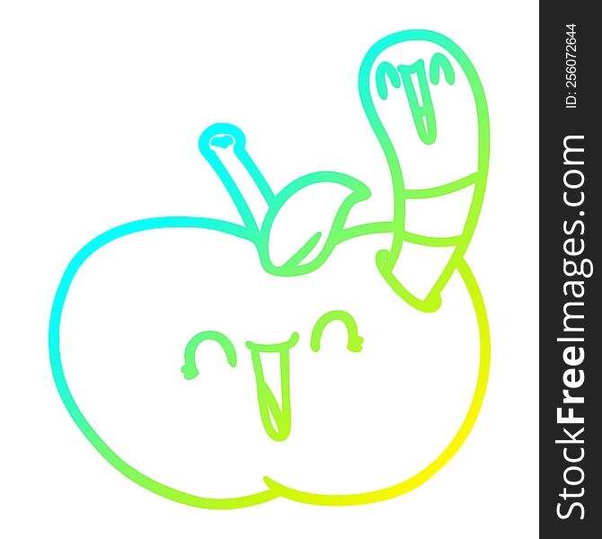 Cold Gradient Line Drawing Cartoon Worm In Happy Apple