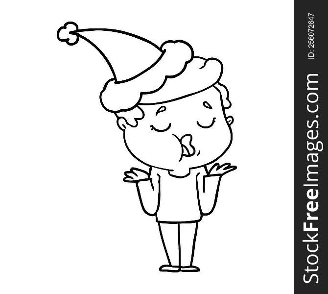 Line Drawing Of A Man Talking And Shrugging Shoulders Wearing Santa Hat