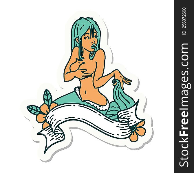 Tattoo Sticker Of A Pinup Mermaid With Banner