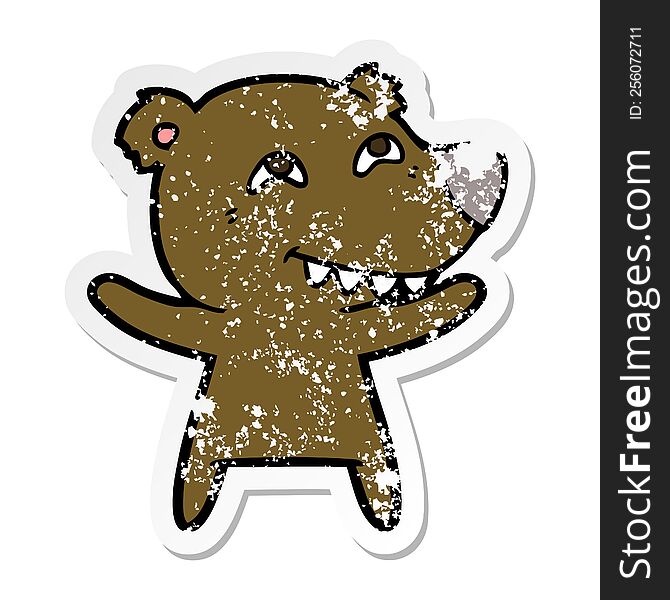 distressed sticker of a cartoon bear showing teeth