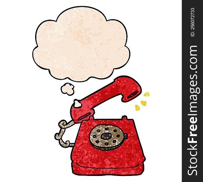 Cartoon Ringing Telephone And Thought Bubble In Grunge Texture Pattern Style