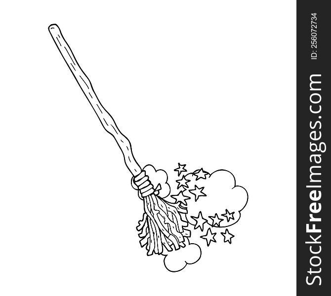 freehand drawn black and white cartoon magical broom