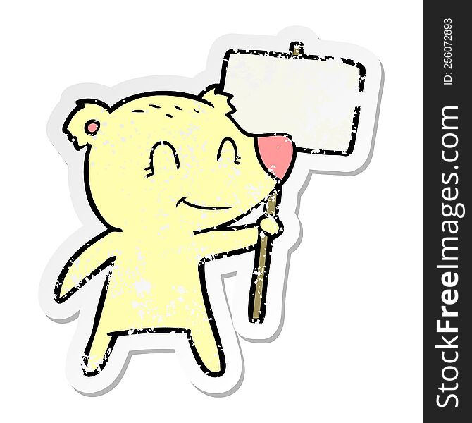Distressed Sticker Of A Cartoon Bear Holding Sign