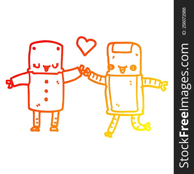 warm gradient line drawing cartoon robots in love