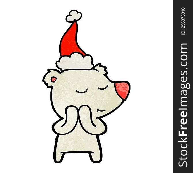 Happy Textured Cartoon Of A Polar Bear Wearing Santa Hat
