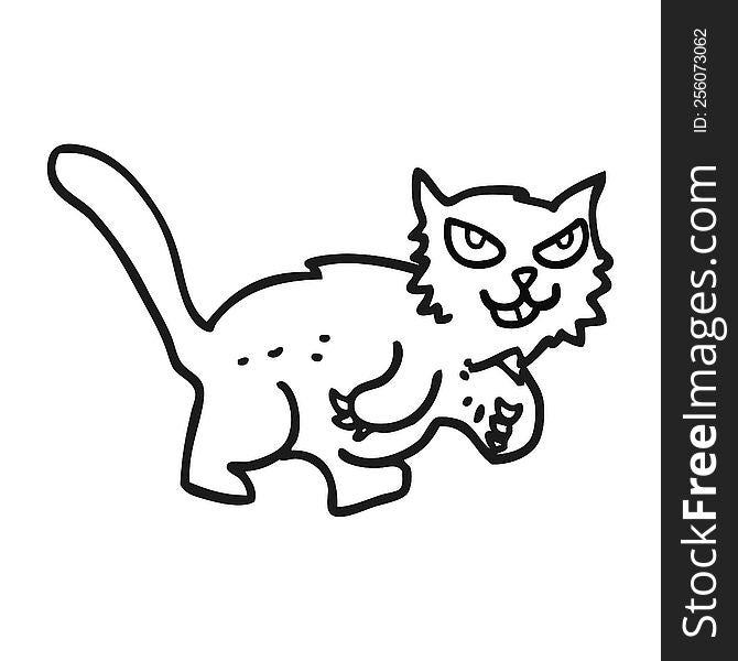 freehand drawn black and white cartoon cat