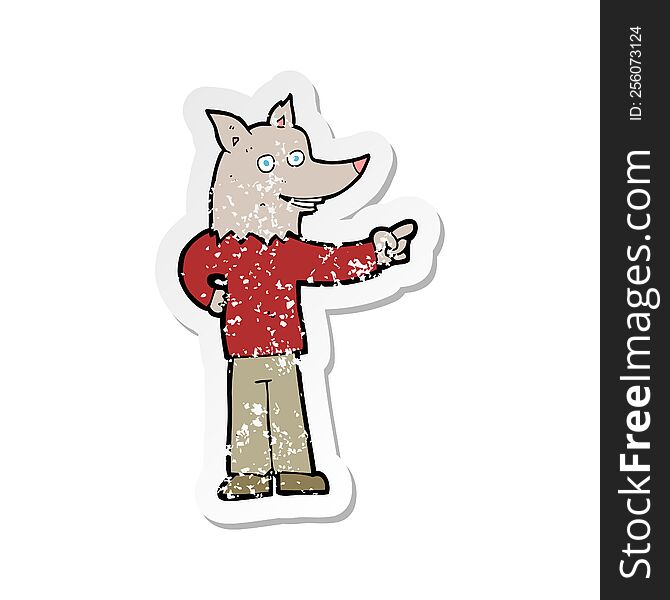 Retro Distressed Sticker Of A Cartoon Wolf Man Pointing