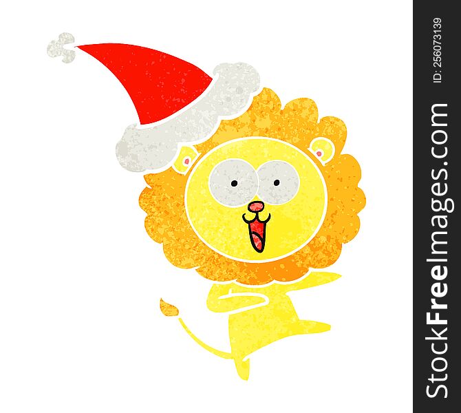 Happy Retro Cartoon Of A Lion Wearing Santa Hat
