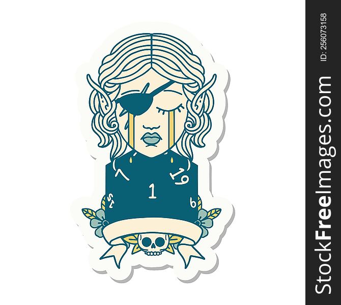 sticker of a crying elf rogue character with natural one D20 roll. sticker of a crying elf rogue character with natural one D20 roll