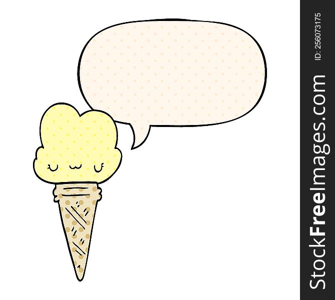 Cartoon Ice Cream And Face And Speech Bubble In Comic Book Style