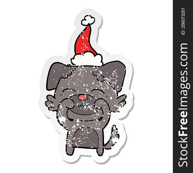Distressed Sticker Cartoon Of A Dog Wearing Santa Hat