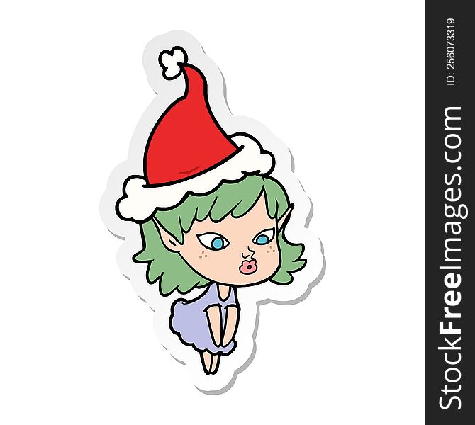 pretty hand drawn sticker cartoon of a elf girl wearing santa hat. pretty hand drawn sticker cartoon of a elf girl wearing santa hat
