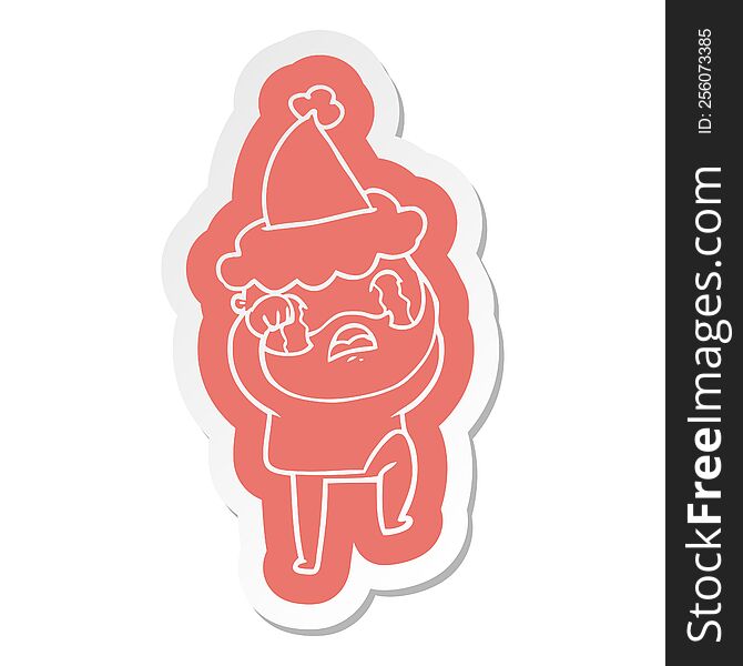 quirky cartoon  sticker of a bearded man crying and stamping foot wearing santa hat