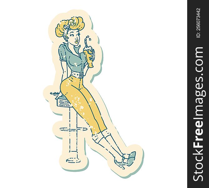 distressed sticker tattoo style icon of a pinup girl drinking a milkshake