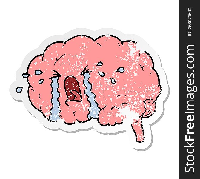 Distressed Sticker Of A Cartoon Brain Crying