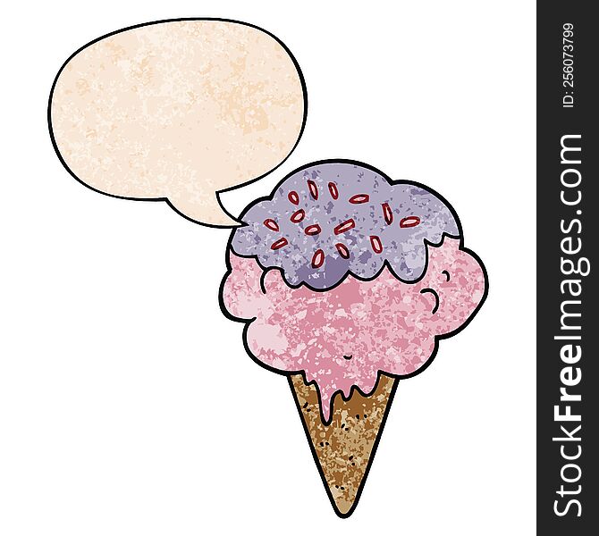 cartoon ice cream with speech bubble in retro texture style