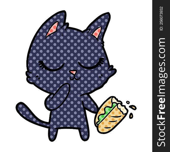 calm cartoon cat considering sharing a baguette. calm cartoon cat considering sharing a baguette