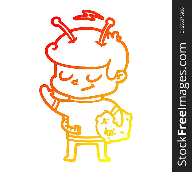 warm gradient line drawing of a friendly cartoon spaceman holding meteor