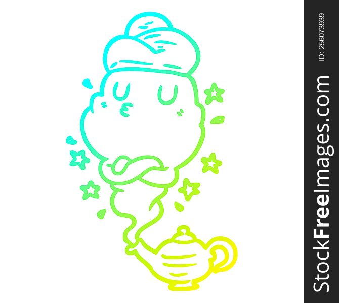 cold gradient line drawing of a cute genie rising out of lamp