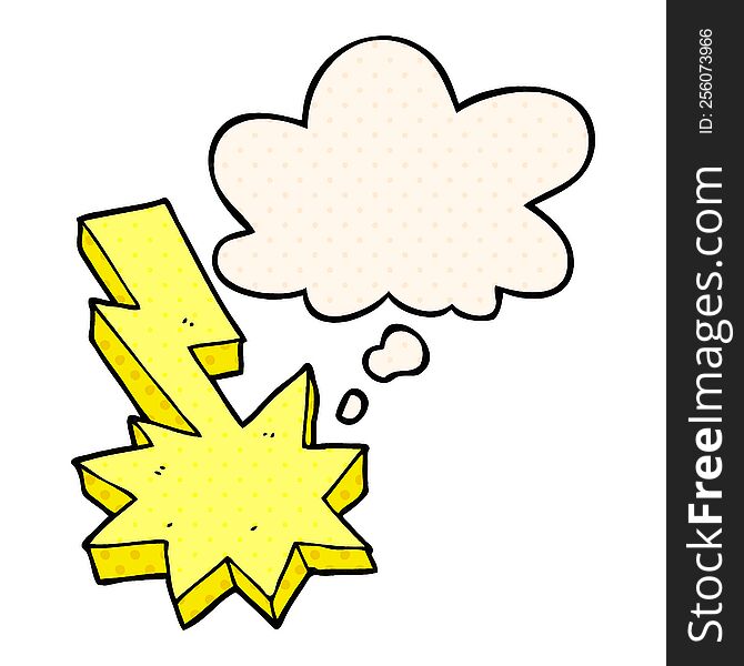 cartoon lightning strike with thought bubble in comic book style