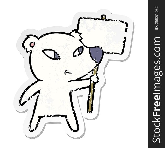 distressed sticker of a cute cartoon polar bear with protest sign
