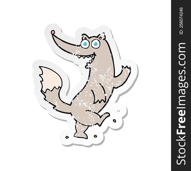 Retro Distressed Sticker Of A Cartoon Happy Wolf Dancing