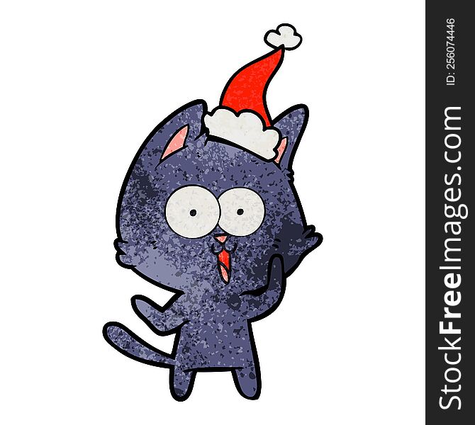 Funny Textured Cartoon Of A Cat Wearing Santa Hat