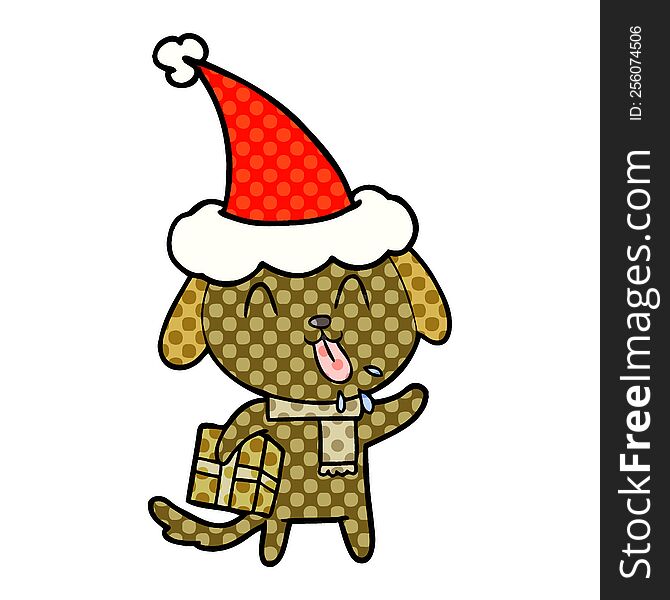 Cute Comic Book Style Illustration Of A Dog With Christmas Present Wearing Santa Hat