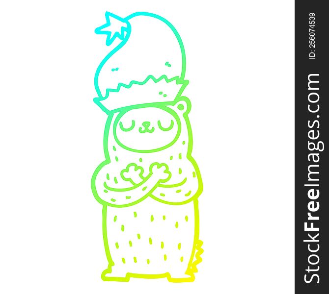 cold gradient line drawing of a cartoon bear wearing christmas hat