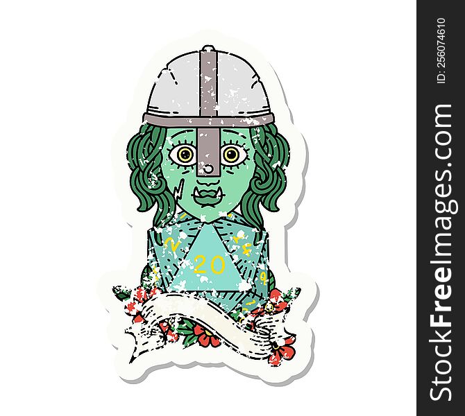 grunge sticker of a half orc fighter with natural 20 dice roll. grunge sticker of a half orc fighter with natural 20 dice roll