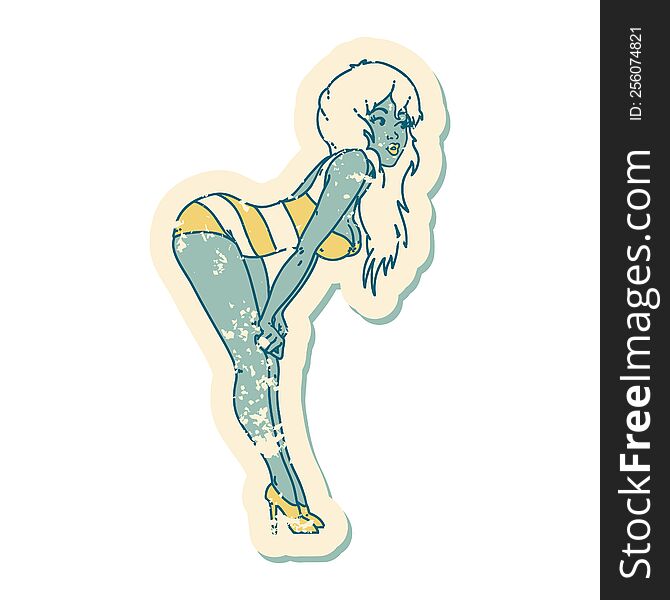 iconic distressed sticker tattoo style image of a pinup girl in swimming costume. iconic distressed sticker tattoo style image of a pinup girl in swimming costume