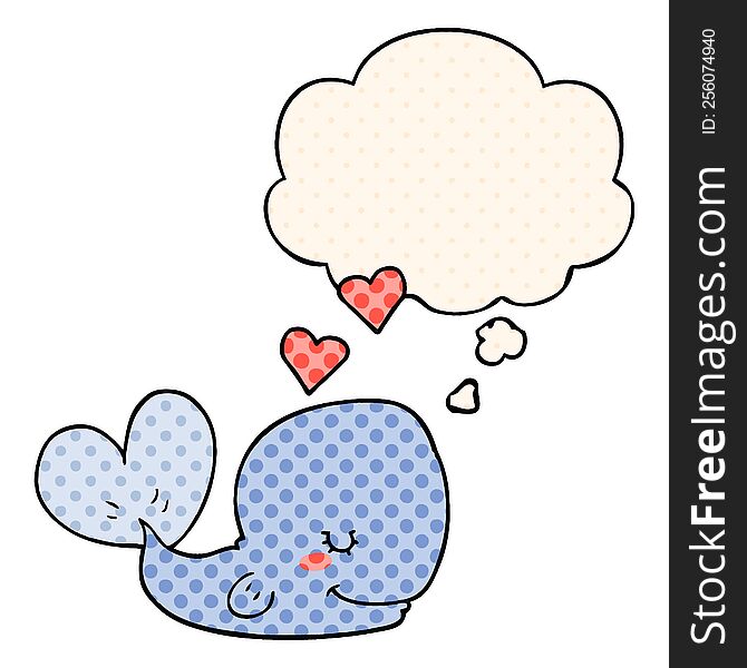 cartoon whale in love with thought bubble in comic book style