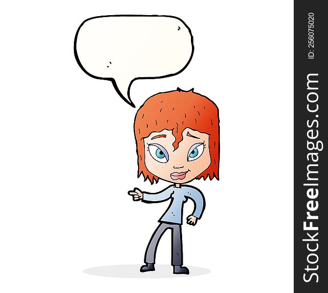 cartoon relaxed woman pointing with speech bubble