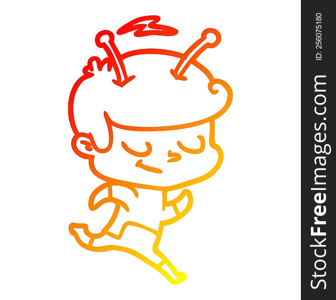 warm gradient line drawing of a friendly cartoon spaceman running