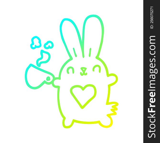 cold gradient line drawing of a cute cartoon rabbit with love heart and coffee cup