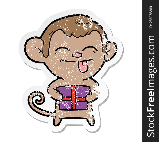 Distressed Sticker Of A Funny Cartoon Monkey With Christmas Present