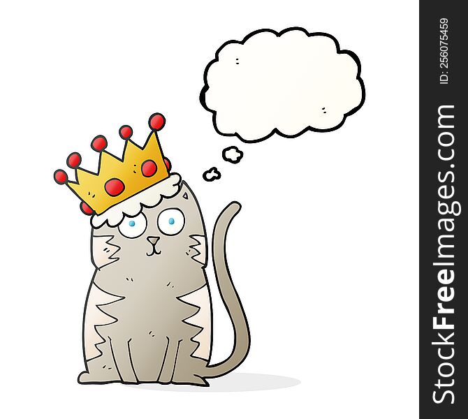 freehand drawn thought bubble cartoon cat with crown