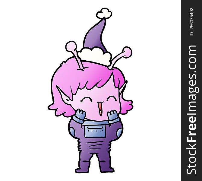 hand drawn gradient cartoon of a alien girl giggling wearing santa hat