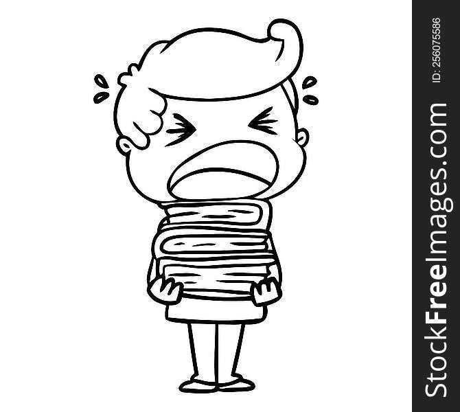 cartoon shouting man with stack of books. cartoon shouting man with stack of books