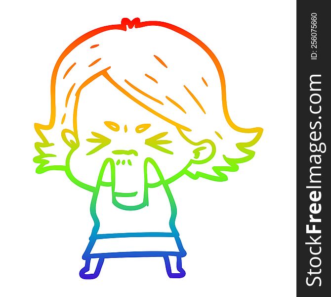 rainbow gradient line drawing of a cartoon angry woman